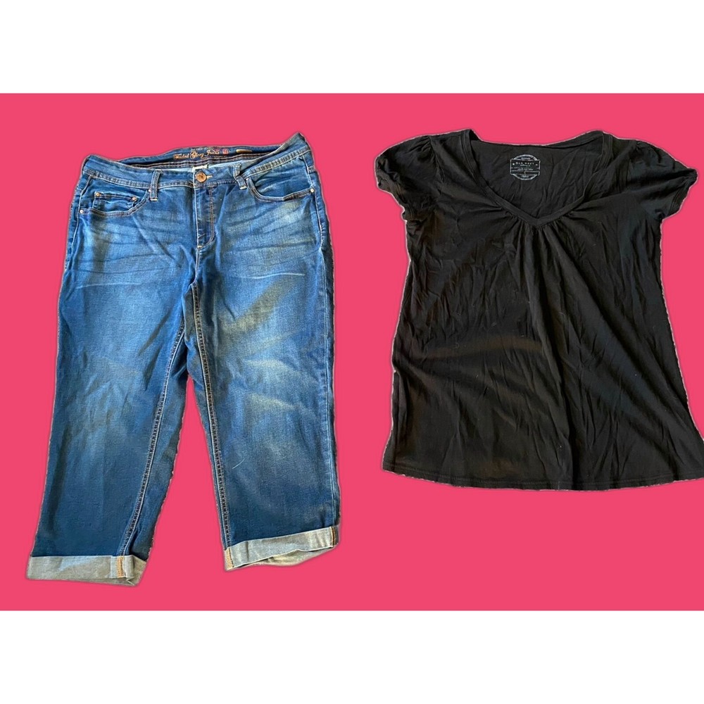 Faded Glory 14 Jeans Capri Stretch Old Navy L T Shirt Large Lg Outfit Lot Set